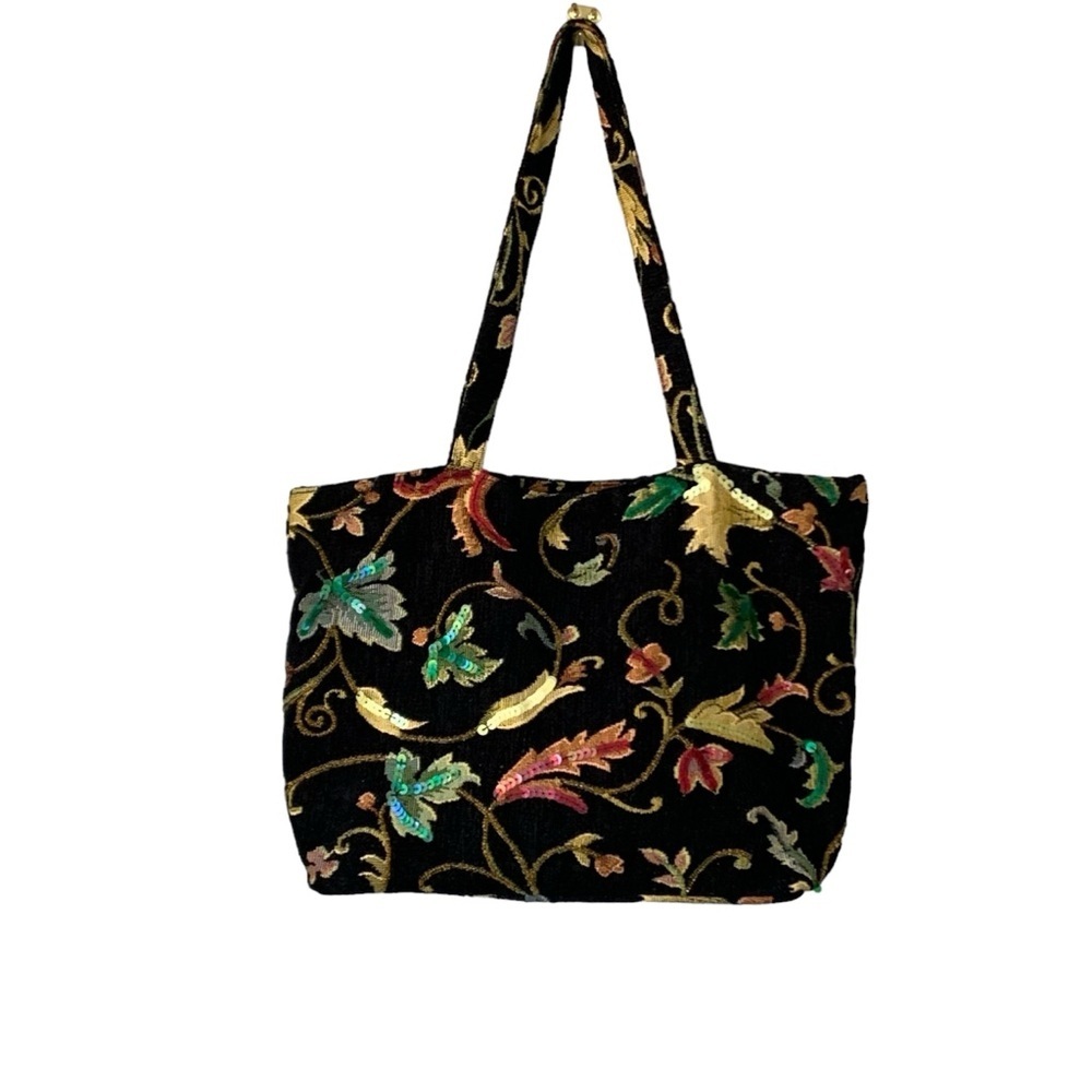 Made in‎ India black chenille embroidered purse with Fall motif with sequins.